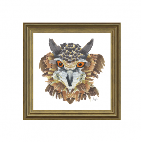 A horned owl with brown tones