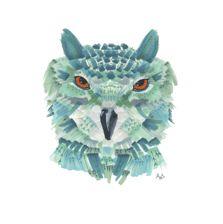 Horned owl illustration made with markers